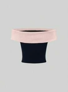 Sweetra Women's Color Block Sexy Slim Fit Knitted Top With An Off Shoulder Neckline, Suitable For Summer