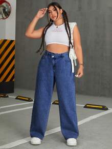 SHEIN ICON Plus Size Step Waistband Jeans - Medium Wash - View 4