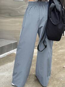 DAZY Patchwork Side Split Elastic Waist Wide Leg Pants - Baby Blue - View 2