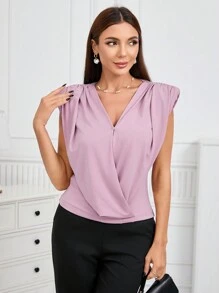 Modelyn Women's Simple Shoulder Pads Pleated Solid Color Tank Top For Summer - Dusty Pink - View 5