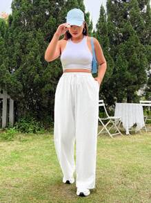 SHEIN EZwear Pantalones De Pierna Recta Con Cordón Para Mujeres De Talla Grande