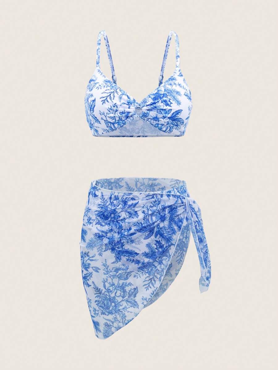 Teenage Girl's Flower Printed Bikini Set With Mesh Cover Up Top, Three Pieces Outfit - Multicolor - View 1