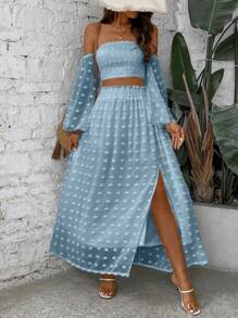 Chiquease Vacation Off Shoulder Sheer Mesh Paneled Flare Sleeve Top And Split Skirt - Baby Blue - View 6