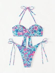 SHEIN Swim Women's Halter Neck Printed Bikini Top And Side Tie Bikini Bottom Set, Perfect For Summer And Beach - Multicolor - View 4