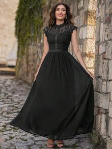 MIUSOL 高领花卉蕾丝扇贝边雪纺正式派对长裙，女士优雅派对礼服，正式晚礼服，舞会礼服，适合婚礼嘉宾、毕业典礼、晚宴 - 黑色 - 查看 8