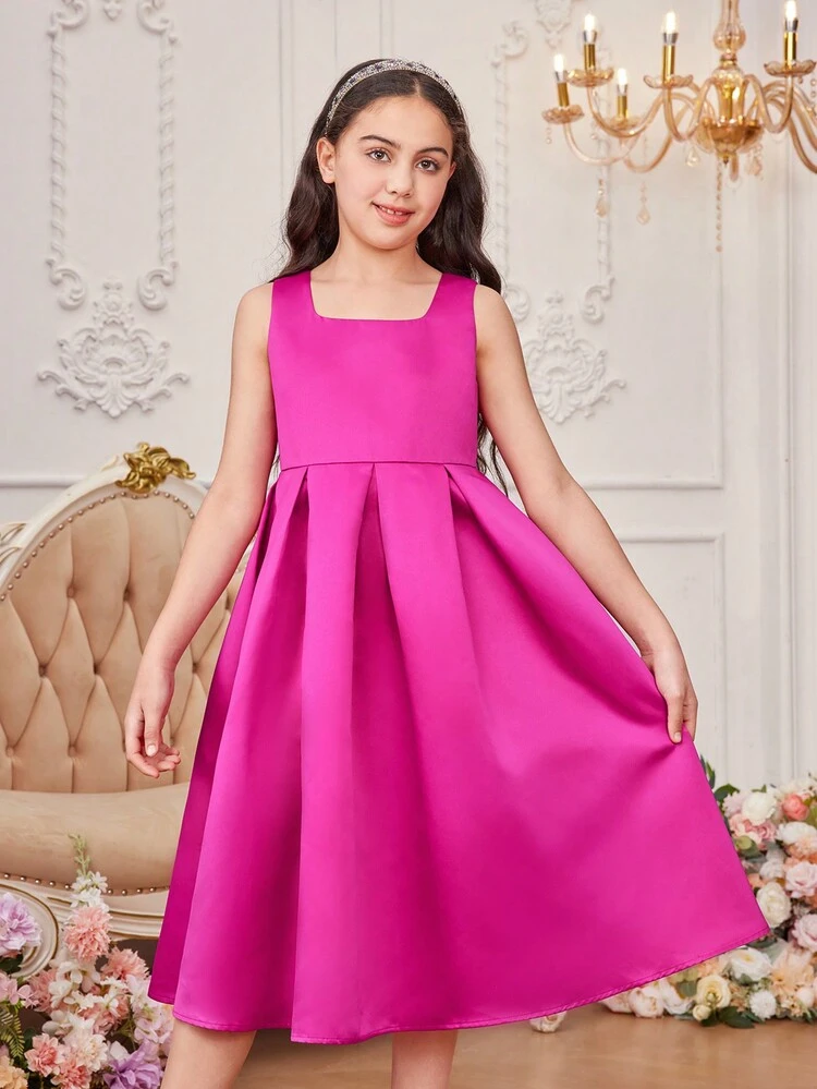 Tween Girl 2pcs/Set Cute 3d Flower Decor Peter Pan Collar Sheer Top And Satin Dress