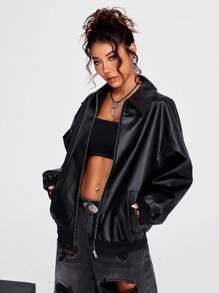 Coolane Halloween Skull & Letter Graphic Drop Shoulder PU Leather Jacket - Black - View 4