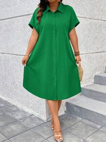 EMERY ROSE Plus Size Women's Solid Color Short Sleeve Shirt Dress, Women Outfit