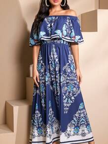 Seusyu Women's Ruffled Off Shoulder Floral Butterfly Print Arabian Dress - Blue - View 8