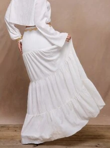 MUSERA Textured Woven Tiered Maxi Skirt Boho Summer Cute Party Bridal Hen Do Bachelorette - White - View 2