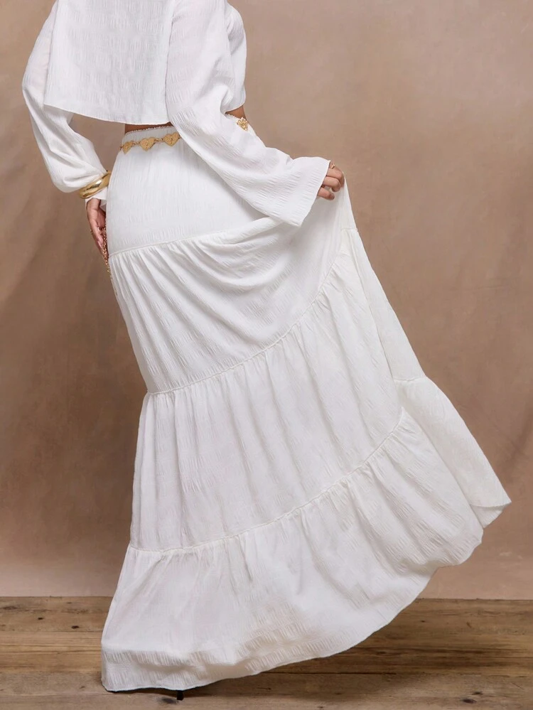 Textured Woven Tiered Maxi Skirt Boho Summer Cute Party Bridal Hen Do Bachelorette Vacation