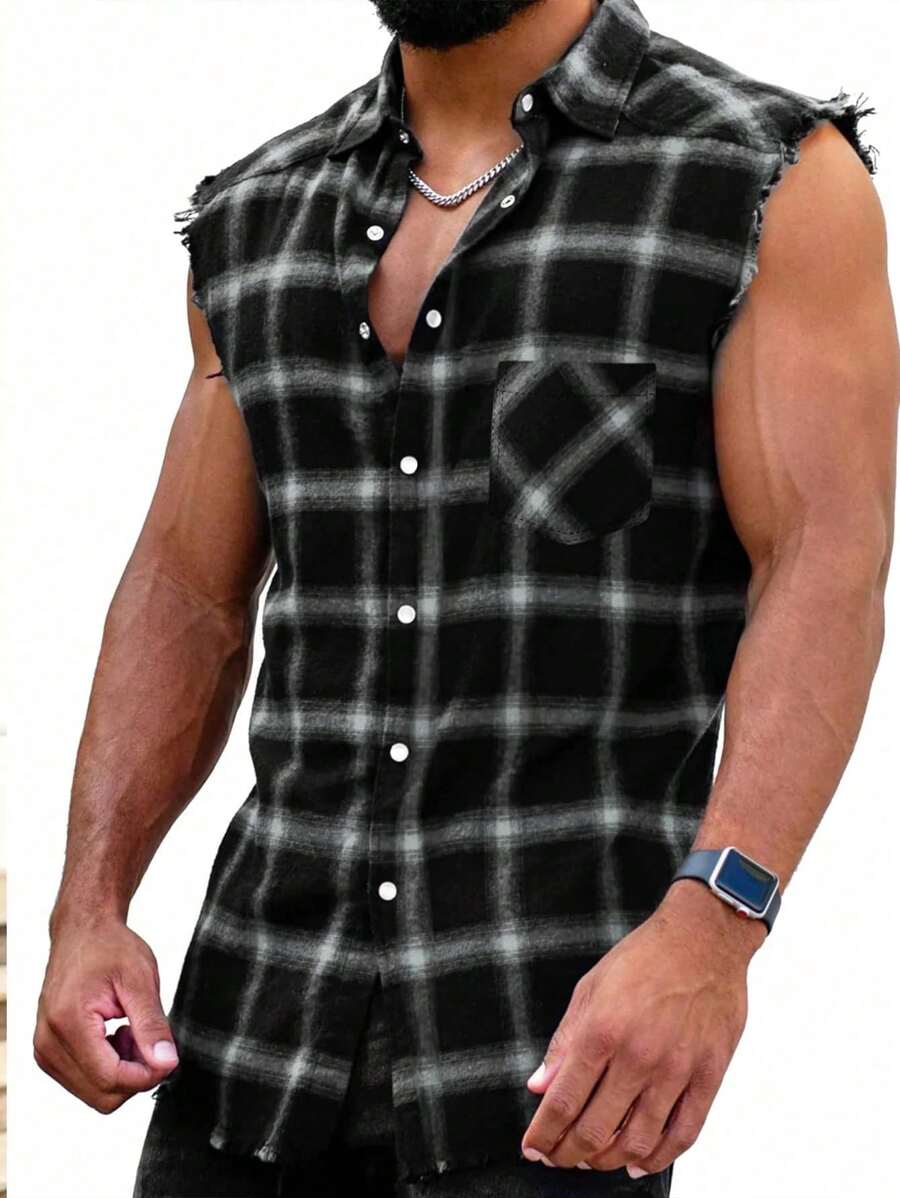 Men's Front Button Pocket Sleeveless Plaid Shirt - Black and White - View 1