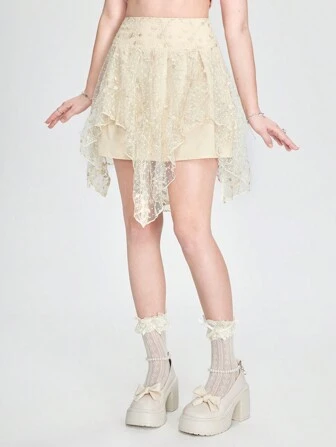 Sweetness Jupe asymétrique à taille haute pour femmes, brodée de style vintage et doux en maille