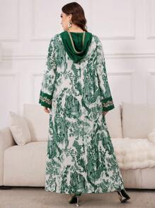 Al Najma 大码女式春夏阿拉伯服装，带植物印花、拼布和抽绳兜帽，休闲长袖连衣裙 - 彩色 - 查看 2