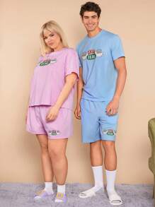 FRIENDS X SHEIN Plus rozmiar 1 zestaw Luźna piżama z dzianiny dla par z nadrukiem filiżanki kawy, kolor różowy, do noszenia w domu i na co dzień - Różowy - Zobacz 5