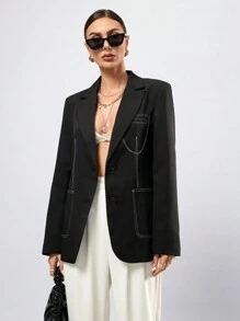 Aveloria Modichic Chaqueta de mujer CommuteWork Teacher Lady, diseño elegante con contraste de colores refinados y tela finamente texturizada, acentuada por líneas de presión y bolsillos elegantes - Negro - Ver 3