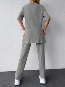 EURMUSE Split Hem Tee & Leggings - Grey - View 2