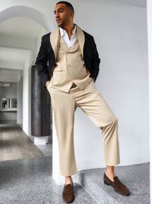 Manfinity Homme Men's Plus Size Contrast Color Shawl Collar Single Breasted Blazer, Double Breasted Vest, And Straight Leg Trousers Suit Set - Black - View 7