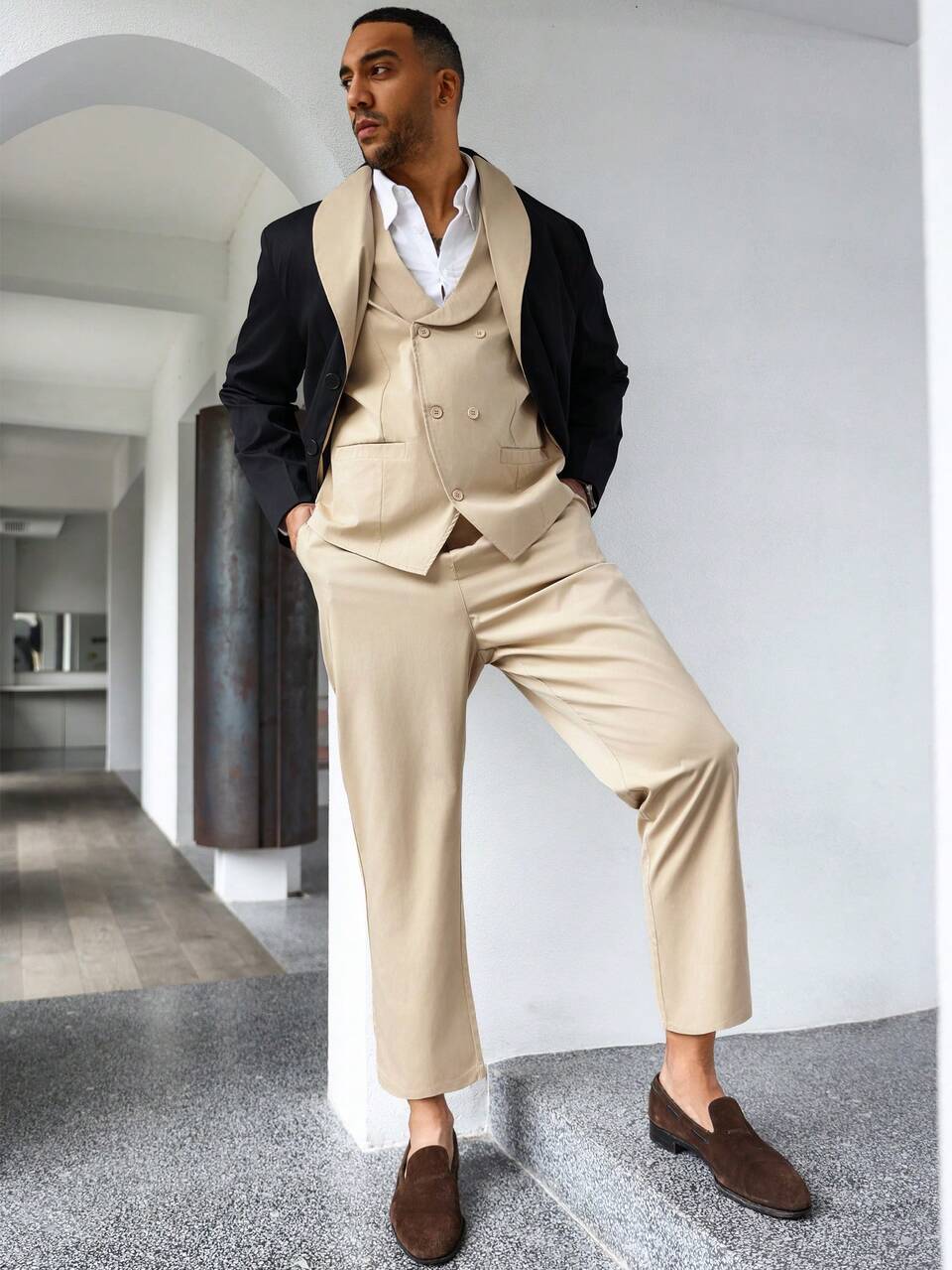 Men's Plus Size Contrast Color Shawl Collar Single Breasted Blazer, Double Breasted Vest, And Straight Leg Trousers Suit Set