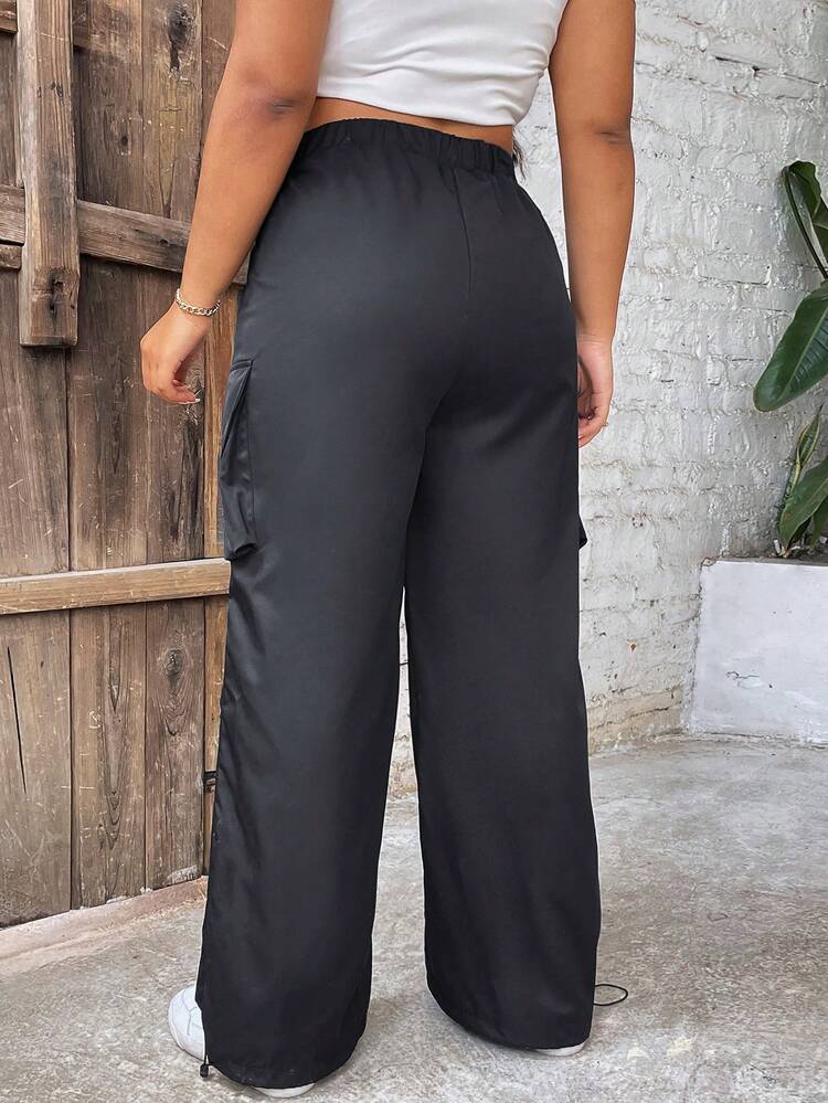 Plus Size Women's Solid Color Baggy Cargo Style Casual Pants With Pockets Fall Cloth For Women