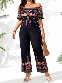 Breezaya Plus Size Floral Printed Fringe Trimmed Off Shoulder Jumpsuit With Tassel Decoration - Black - View 4