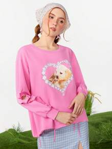 SHEINNeu Women's Printed Washed And Torn Pink Long Sleeved Hoodie - Pink - View 6