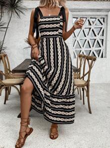 Breezaya Váy không tay in hình học dành cho nữ, phù hợp cho trang phục đi biển Maxi mùa hè - Nhiều màu - Xem 6