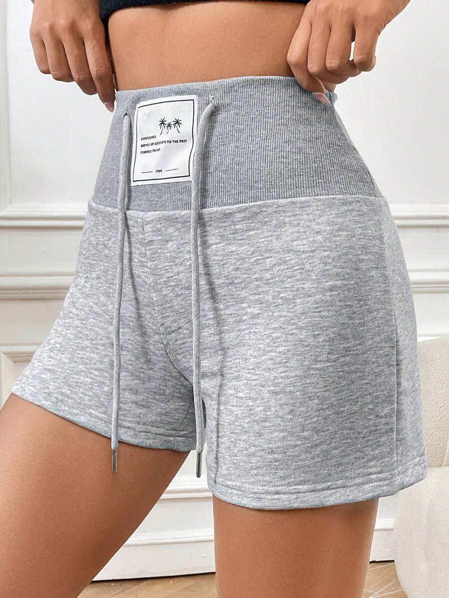 SHEIN EZwear Letter Patched Wide Leg Drawstring Waist Shorts - Grey - View 1