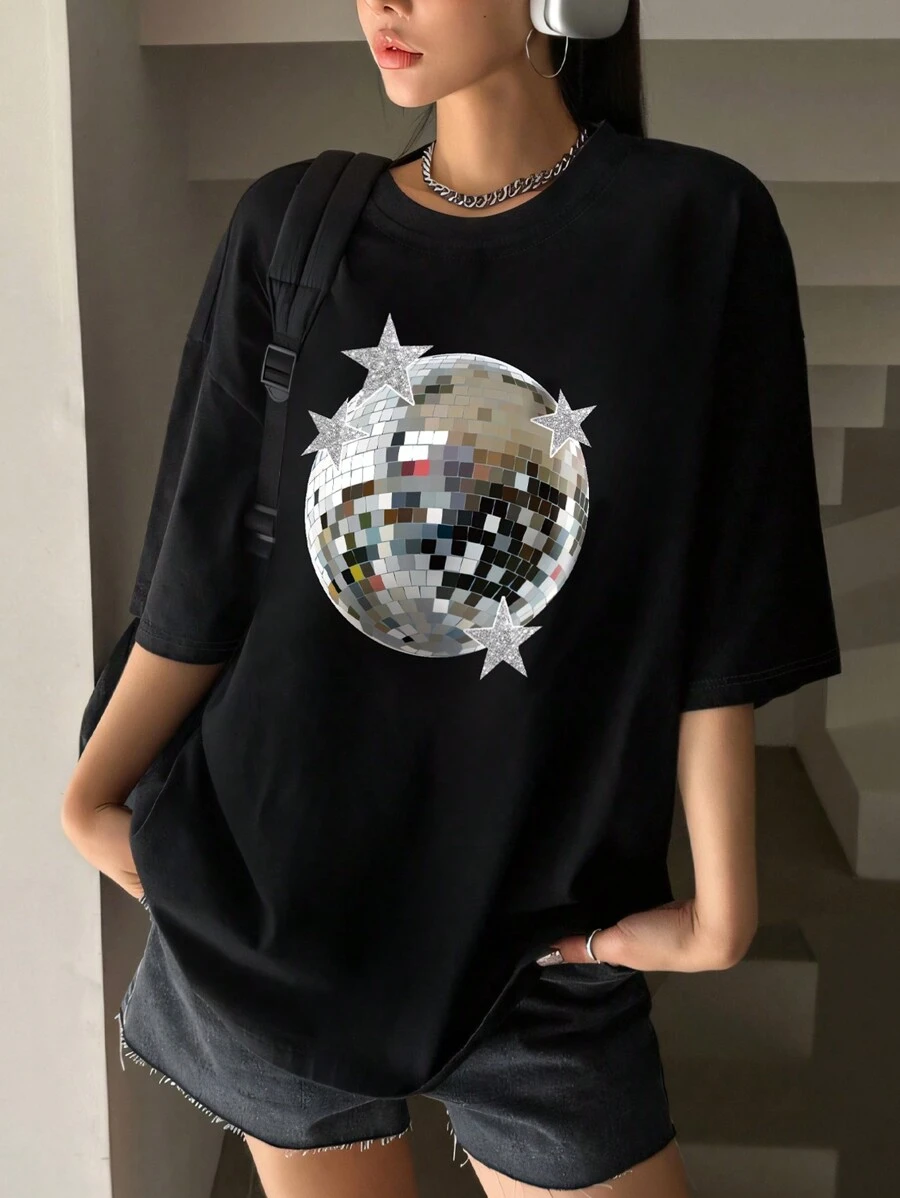 SHEIN EZwear Star & Metallic Ball Printed Oversized T-Shirt With Drop Shoulder Design Suitable For Summer - Black - View 1