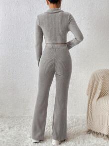 SHEIN PETITE 女式纯色罗纹运动服，配修身拉链夹克和喇叭裤 - 灰色 - 查看 2