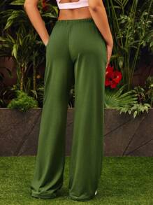 VARSITIE 运动夏季户外基本款束带裤军绿色裤子绿色两件套宽腿瑜伽裤宽腿慢跑裤 - 軍綠色 - 查看 2