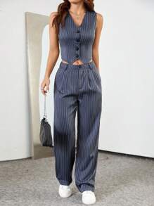 Flirla Sọc Single-breasted Bộ đồ Áo vest Và Xếp li Quần ống côn Bộ đồ Với Túi nghiêng - Màu Xám nhạt - Xem 3