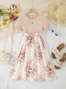 SHEIN Tween Girls' Round Neck Floral Printed Belted Short Sleeve Dress Summer Holiday - Khaki - View 3