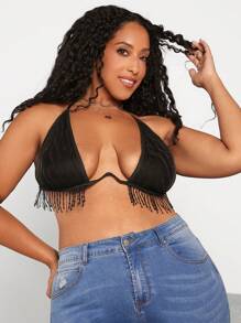 SHEIN CURVE+ Plus Size Black Backless Halter Top With Fringe Trim - Black - View 6