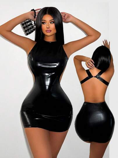 VaVaBold Vestido mini de mujer de unicolor de piel sintética con escote redondo sin mangas y espalda calada, conjunto de mujer de piel sintética PU