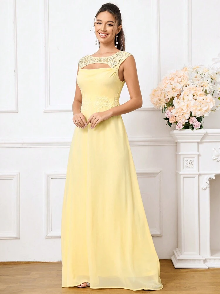 Romantic And Elegant Yellow Hollow Lace Spliced Chiffon Fabric, Hollowed Out Chest And Spliced Swing Collar, Belt Applique Design, A-Shaped Dress, Mushroom Buckle On The Back, Water Drop Hollowed Out Elegant And Romantic Women's Suitable For Wedding Season, Mother's Day, Music Festival Elegant Bridesmaid Dress