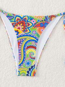 SHEIN Swim Bộ bikini dây mảnh họa tiết Paisley dành cho nữ có chi tiết thắt nút bên hông và dây đeo có thể điều chỉnh, quần in họa tiết, hoàn hảo cho kỳ nghỉ hè và lễ hội âm nhạc - Nhiều màu - Xem 5