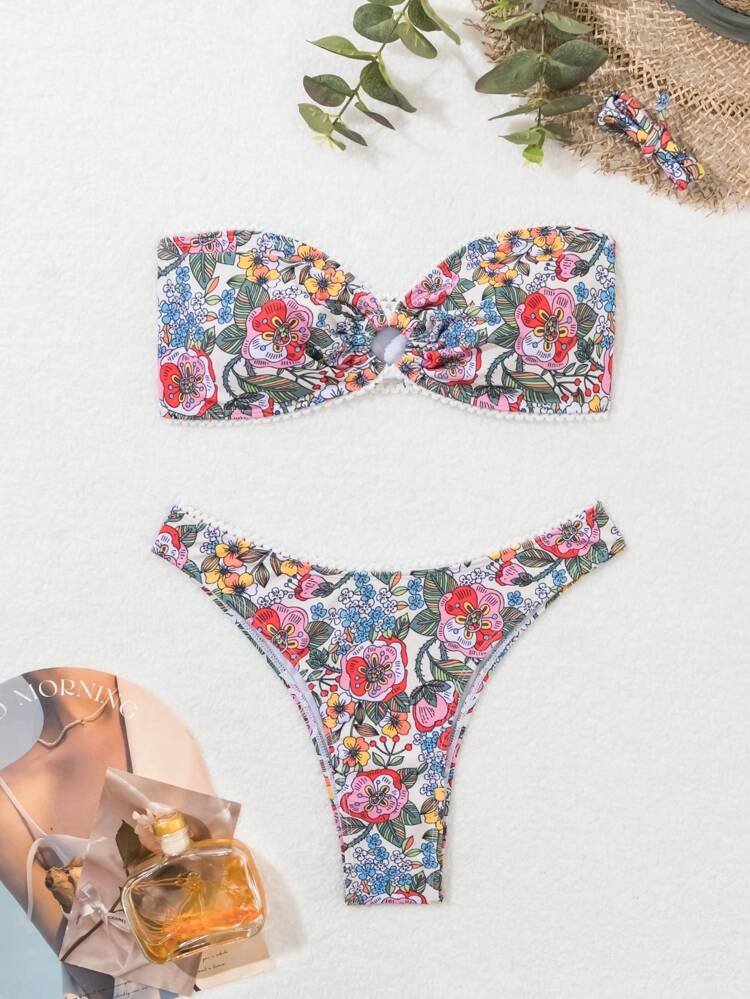 Strapless Flower Pattern Circular Ring Bikini Set With Random Print Summer