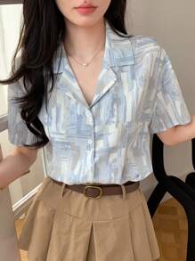 女式前扣短袖衬衫夏季，返校服装学院风上衣 - 藍色 - 查看 6