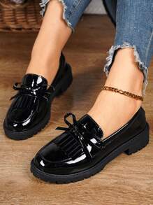 Women's Low-Heel British Style French Fringed Loafers With Bowknot, Thick Heel, Low Vamp, Patent Leather And Thick Sole Valentines