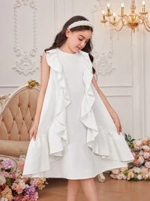 SHEIN Tween Girls' Loose Cute Round Neck Style Ruffled A-Line Dress With Pleated Hem