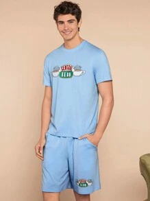 FRIENDS X SHEIN Men's Summer Central Perk Cafe Loose Casual Comfortable Homewear Pajamas Blue Set - Baby Blue - View 1