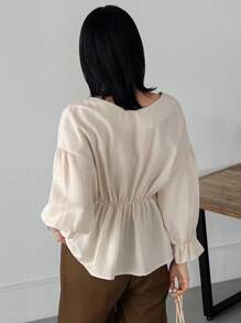 FRIFUL Women's Casual Spring/Summer Shirt With Belt, Drop-Shoulder Sleeve And Patchwork Design,Ruffle Long Sleeve Top - Apricot - View 5