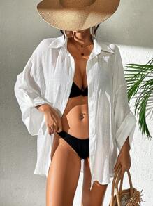 Swim Vcay Ladies' Solid Color Textured Summer Beach Kimono - White - View 4