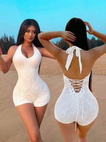 Zolique Women's Halter Neck Eyelet Tie Back Close-Fitting Romper Unitard For Holiday Party Clothes - White - View 1