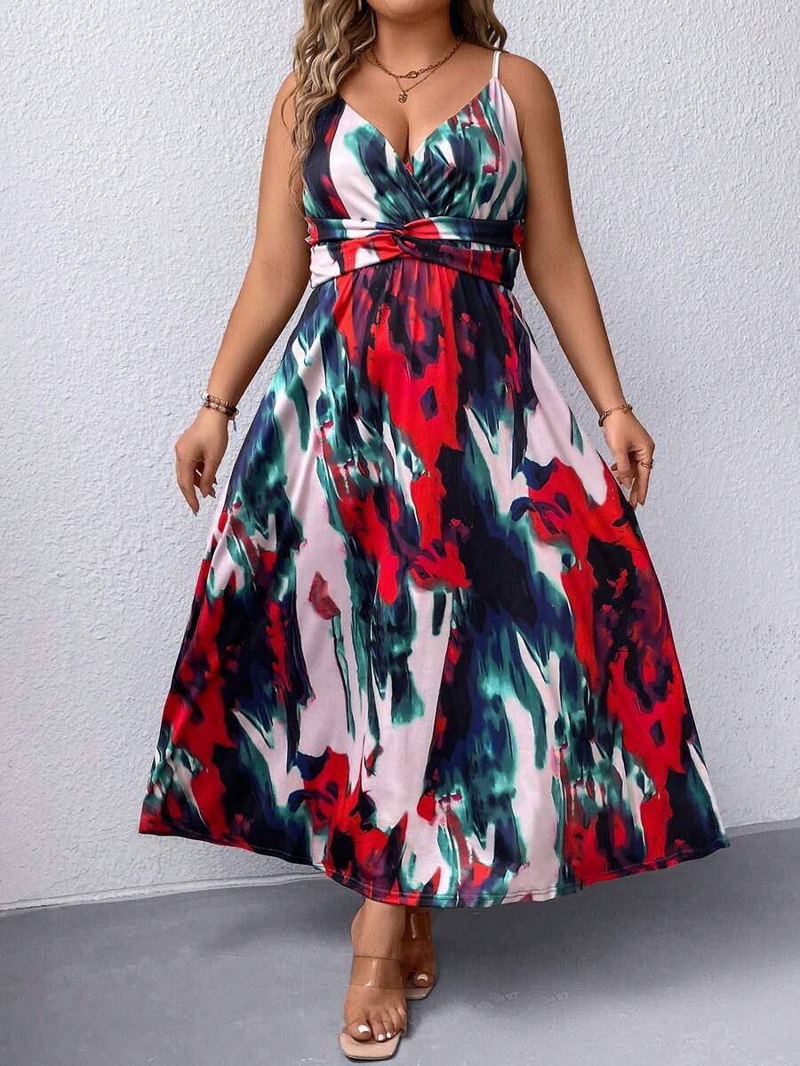 SHEIN Clasi 大尺碼女士夏季花卉全印花交叉背心中長裙 - 彩色 - 查看 1