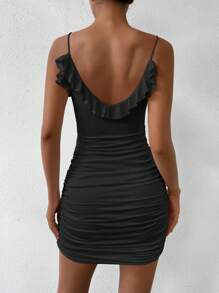 Chiquease Solid Color Deep V-Neck Pleated Cami Dress - Black - View 2