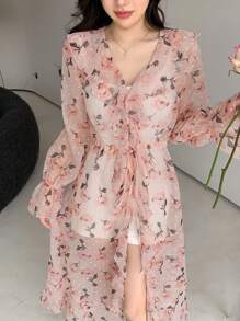 Dazy Designer Áo sơ mi nữ in hoa, cổ áo xếp nếp, tay dài, thích hợp cho mùa hè, kiểu dáng voan mỏng, thích hợp cho lễ Phục sinh. - Nhiều màu - Xem 6