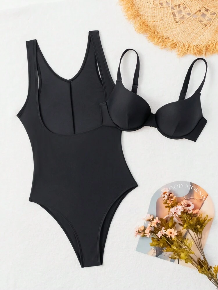Women's Solid Color One-Piece Swimsuit With Built-In Bra, 2Pcs Black Bathing Suit Summer