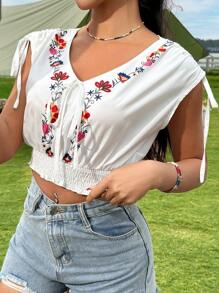 SHEIN Unity Floral Print V-Neck Wrap Hem Blouse With Waist Belt - White - View 5